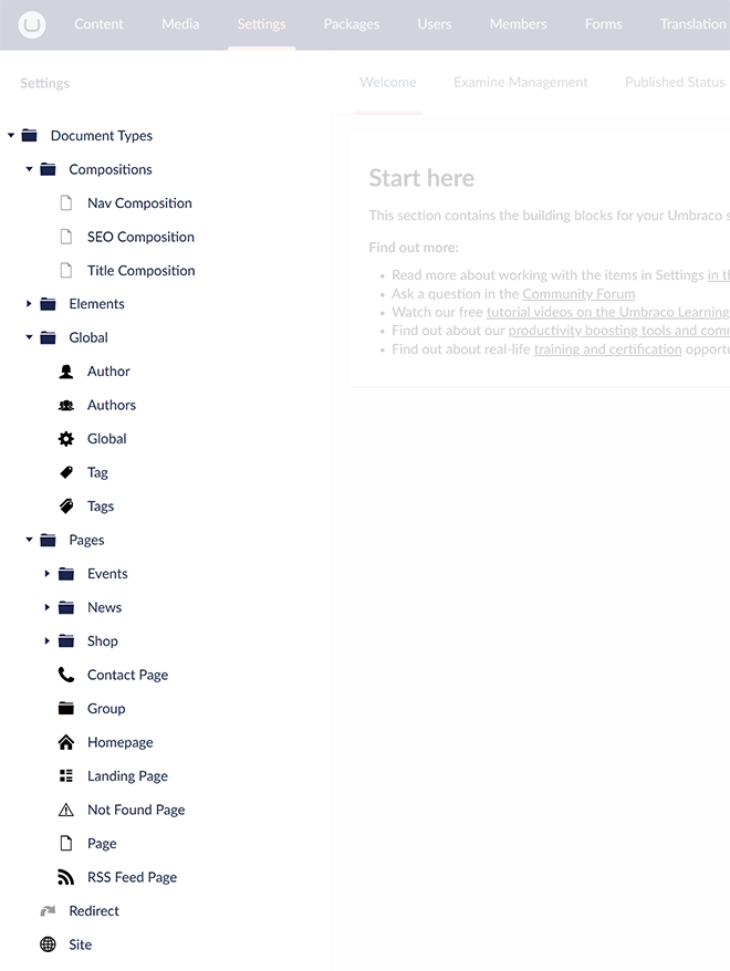 A screenshot of document types organised in groups and folders within the Settings area in Umbraco