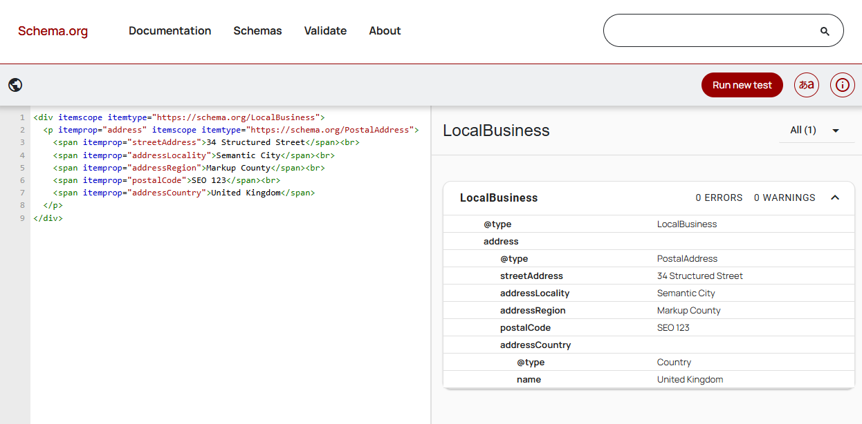 An address in HTML and microdata validated in Schema.org