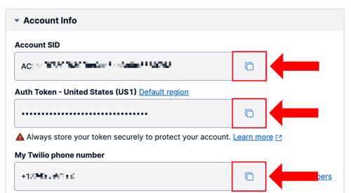 Account Info box holding 3 read-only fields: Account SID field, Auth Token field, and Twilio phone number field.