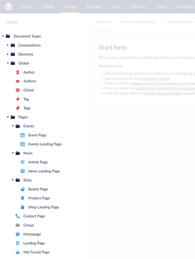 A screenshot of document types in a consistent, matching icon colours within the Settings area in Umbraco