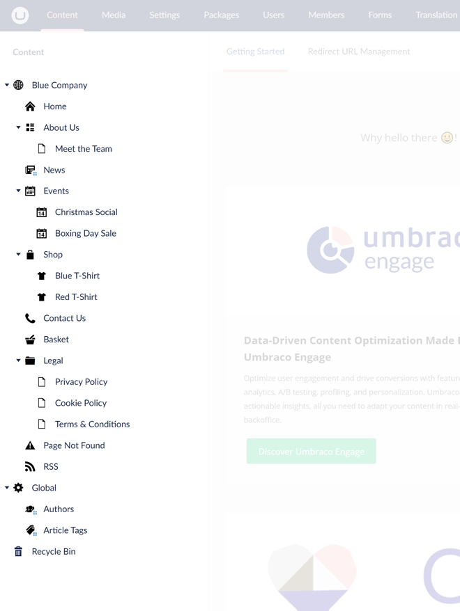 A screenshot of an Umbraco content tree with appropriate icons and consideration for pluralisation