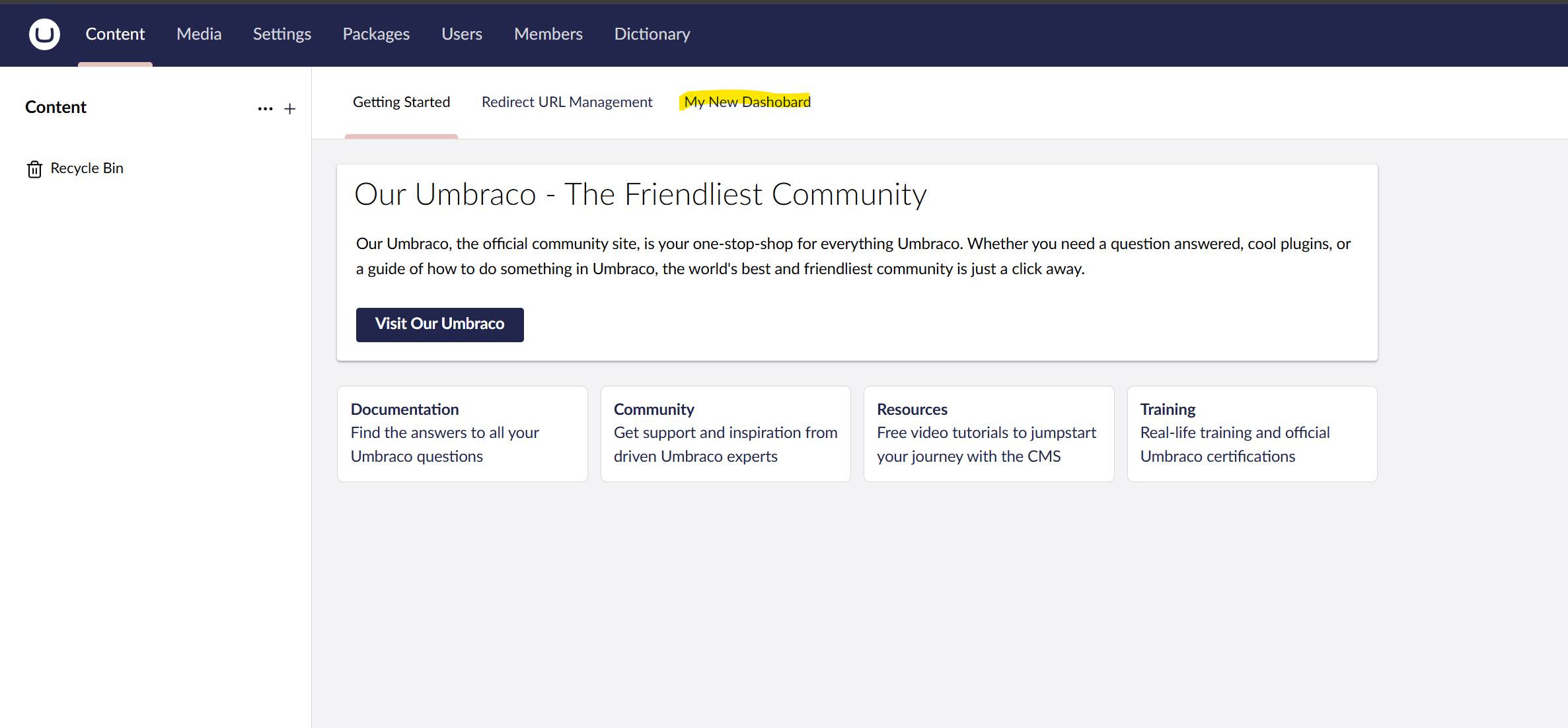 The Umbraco Backoffice displays the newly created dashboard using our specified entry point.