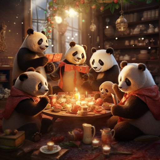 A family christmas gathering in a disturbed panda family, digital art
