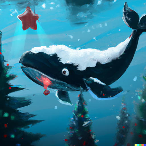 A christmas whale swimming amongst christmas trees, digital art