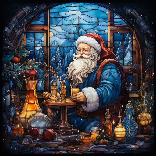 A scene from Santa's factory, as a stained glass window