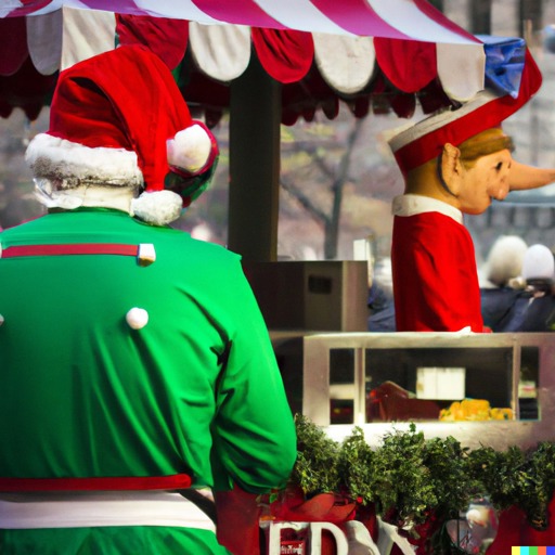 Christmas Elf working in a hotdog stand in New York City