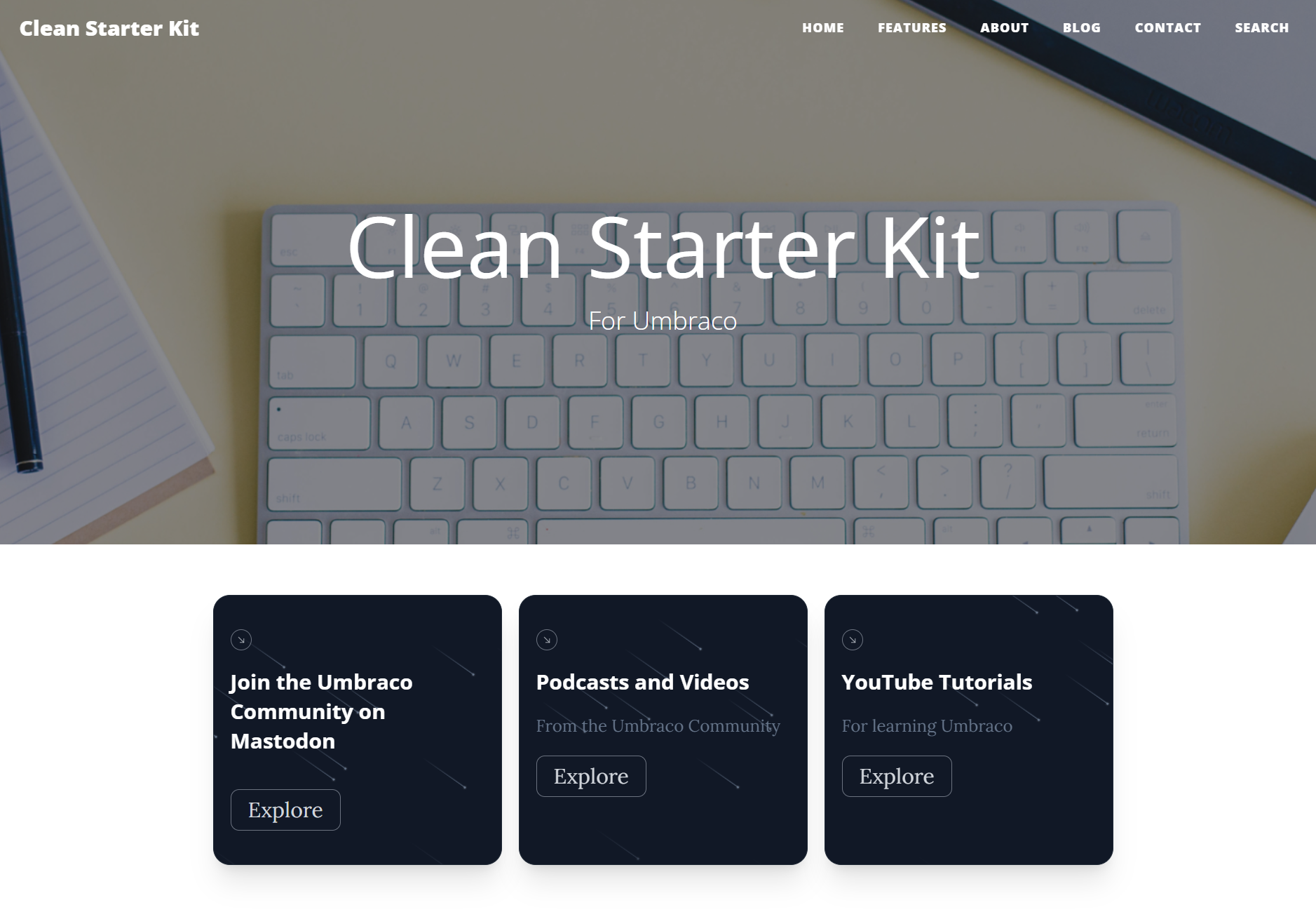 Clean Starter Kit with Aceternity 'Meteors' React component used for the blog listing