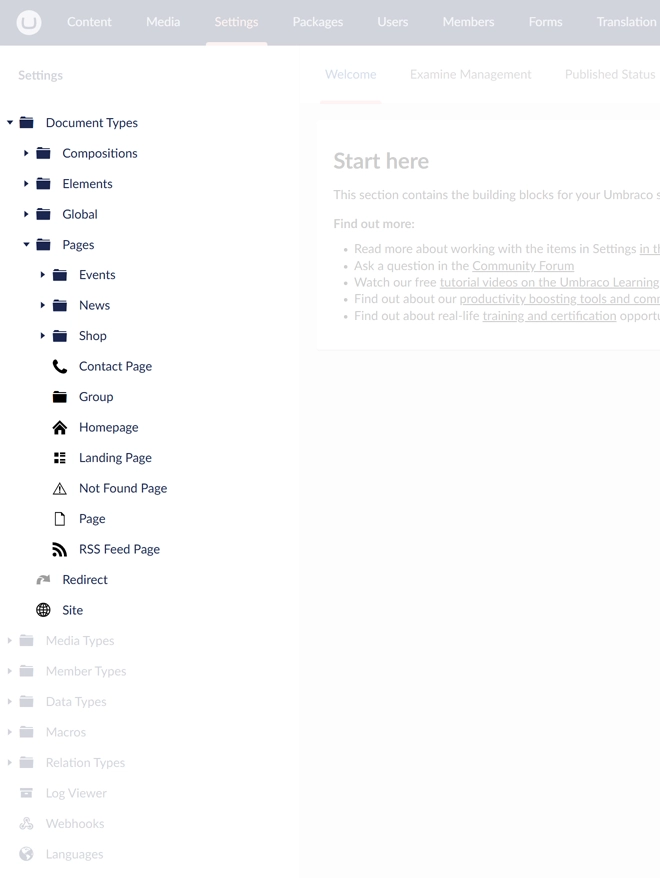 A screenshot of document types with templates using a "Page" suffix within the Settings area in Umbraco